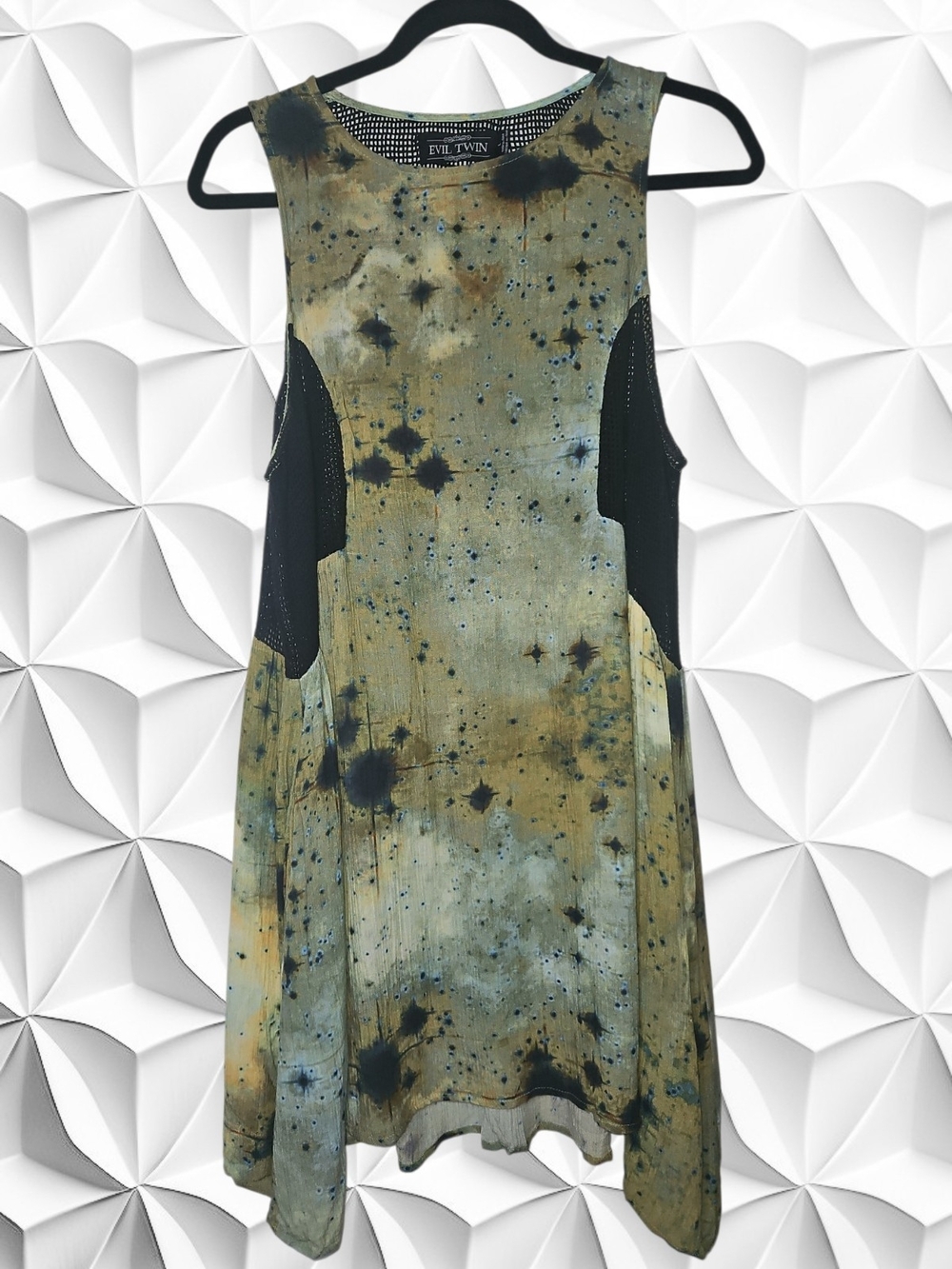 Evil Twin Mesh Back Abstract Grunge Dress L Sleeveless Acid Wash High Low Woven